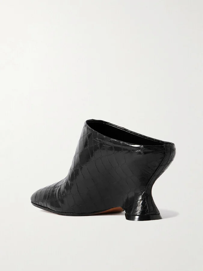 Dries Van Noten - Croc-effect Leather Wedge Mules - Black - Image 3