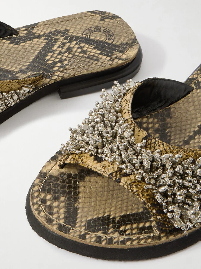 Dries Van Noten - Embellished Snake-effect Leather Slides - Animal print - Image 4