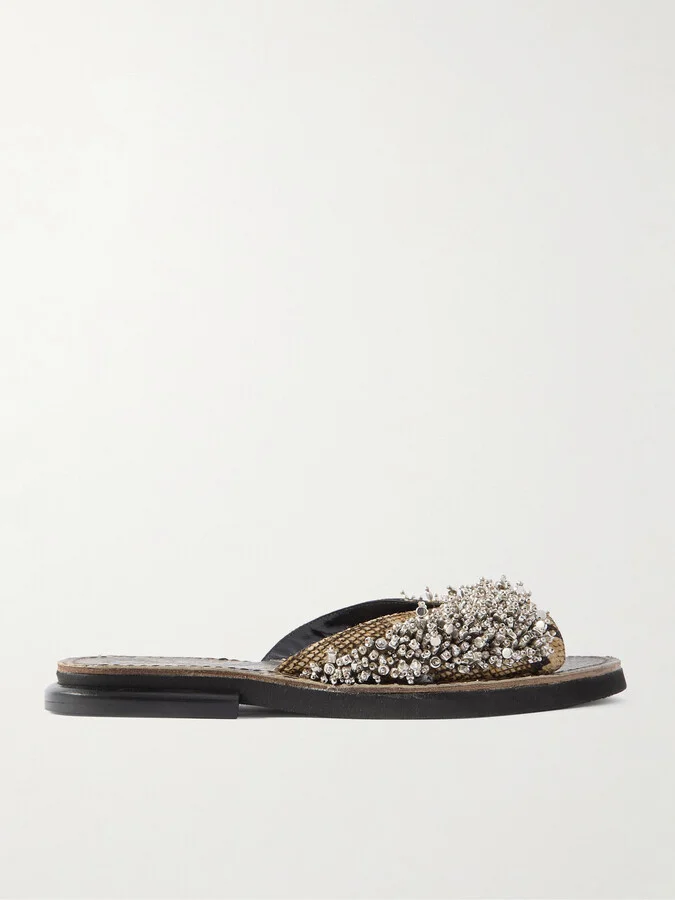 Dries Van Noten - Embellished Snake-effect Leather Slides - Animal print