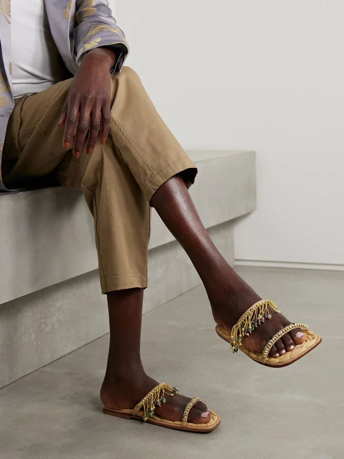 Dries Van Noten - Fringed Bead-embellished Raffia Sandals - Neutrals - Image 2
