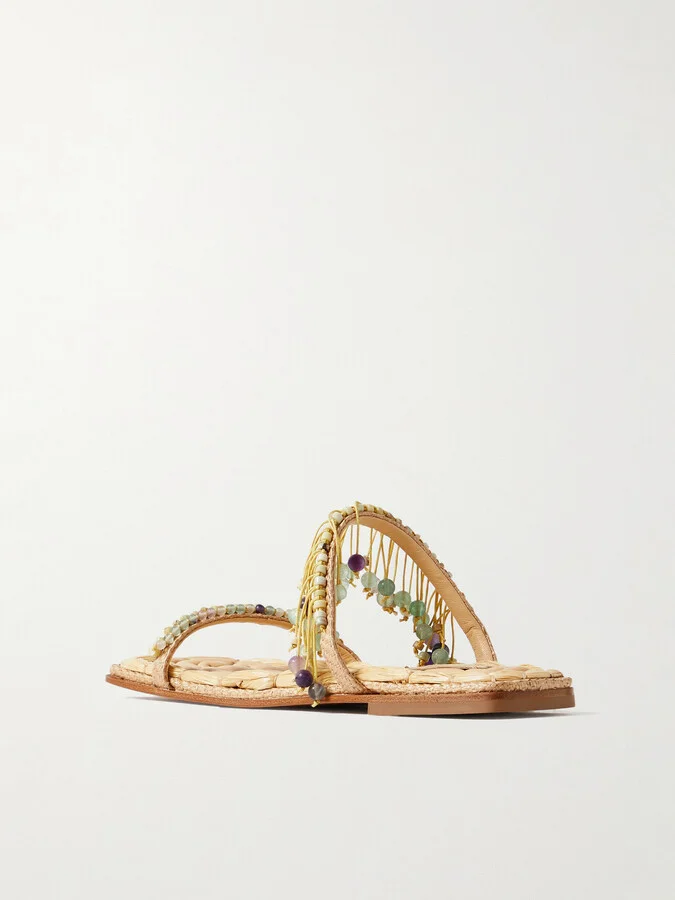 Dries Van Noten - Fringed Bead-embellished Raffia Sandals - Neutrals - Image 3