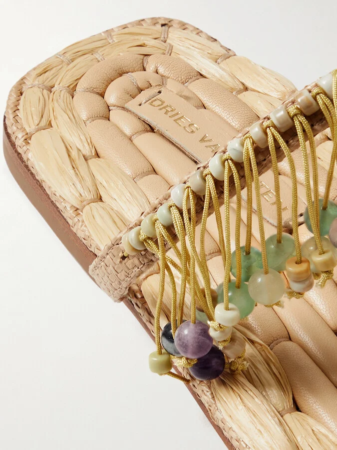 Dries Van Noten - Fringed Bead-embellished Raffia Sandals - Neutrals - Image 4