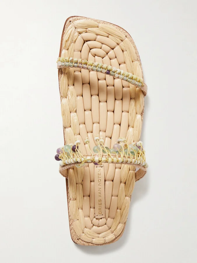Dries Van Noten - Fringed Bead-embellished Raffia Sandals - Neutrals - Image 5