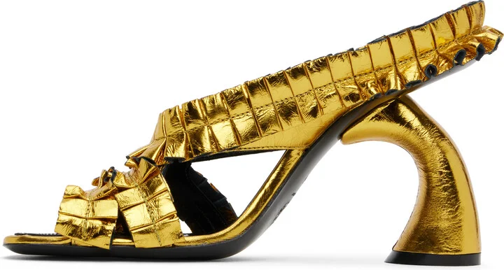 Dries Van Noten Gold Ruffled Heeled Sandals - Image 3