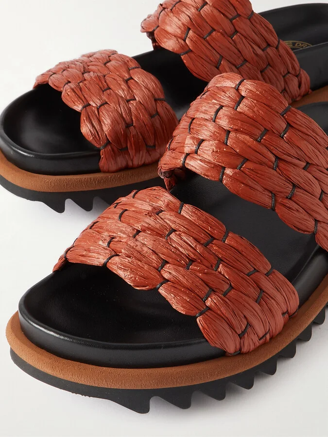 Dries Van Noten - Leather-trimmed Raffia Sandals - Orange - Image 4