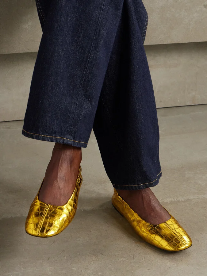Dries Van Noten - Metallic Croc-effect Leather Ballet Flats - Gold - Image 2