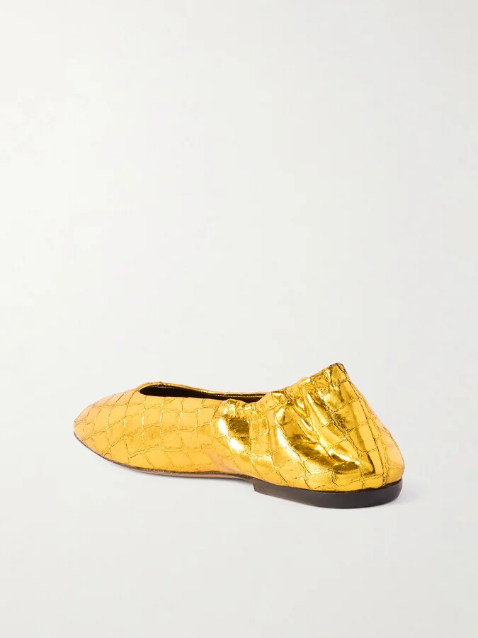 Dries Van Noten - Metallic Croc-effect Leather Ballet Flats - Gold - Image 3