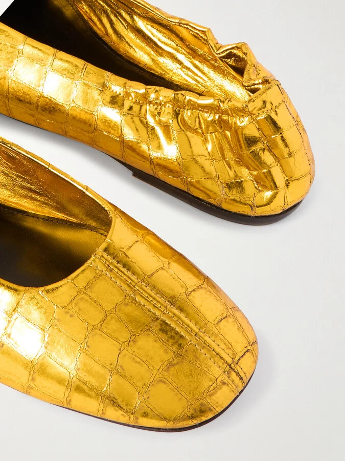 Dries Van Noten - Metallic Croc-effect Leather Ballet Flats - Gold - Image 4