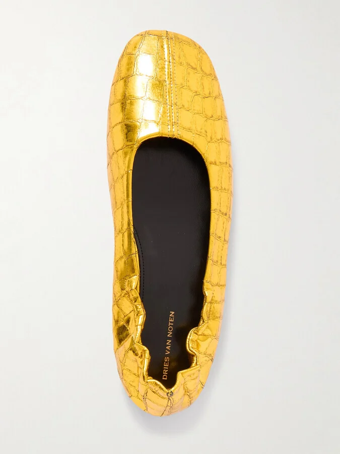Dries Van Noten - Metallic Croc-effect Leather Ballet Flats - Gold - Image 5