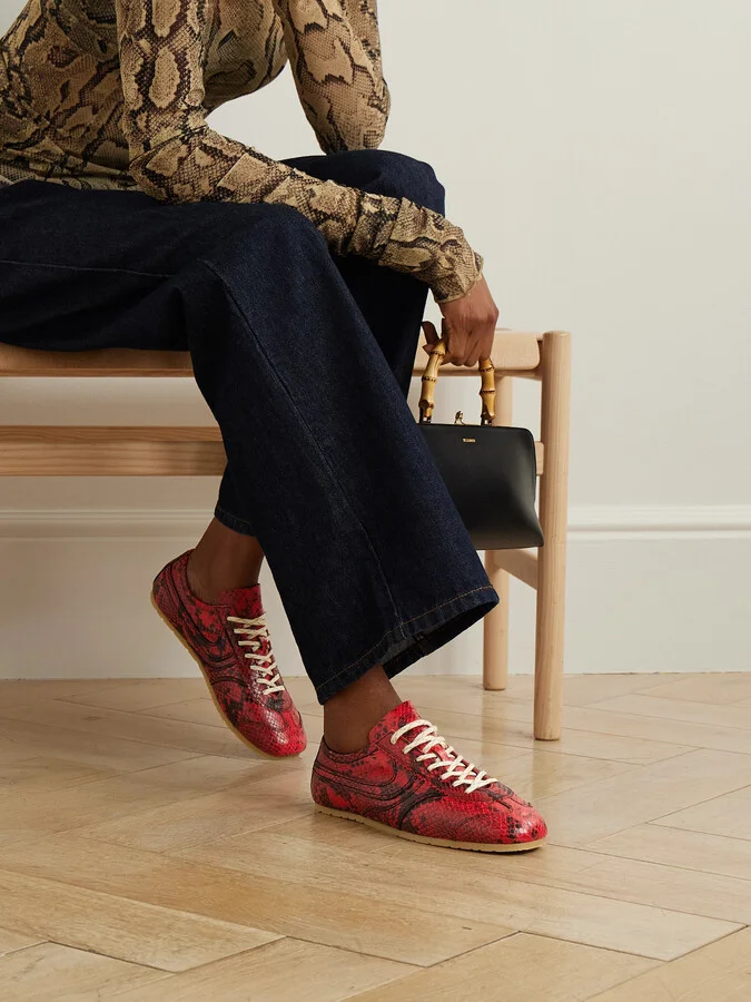 Dries Van Noten - Paneled Snake-effect Leather Sneakers - Red - Image 2