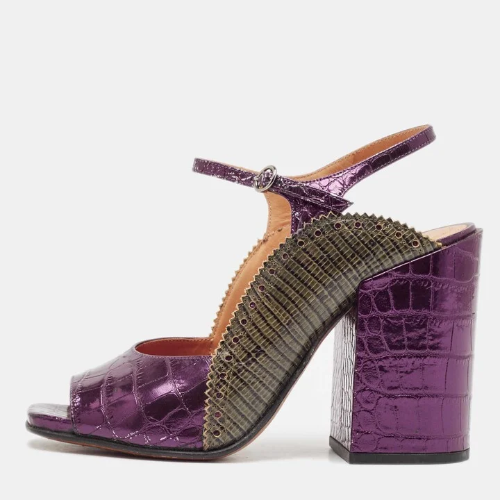 Dries Van Noten Purple/Green Croc Embossed and Lizard Embossed Ankle Strap Sandals Size 39