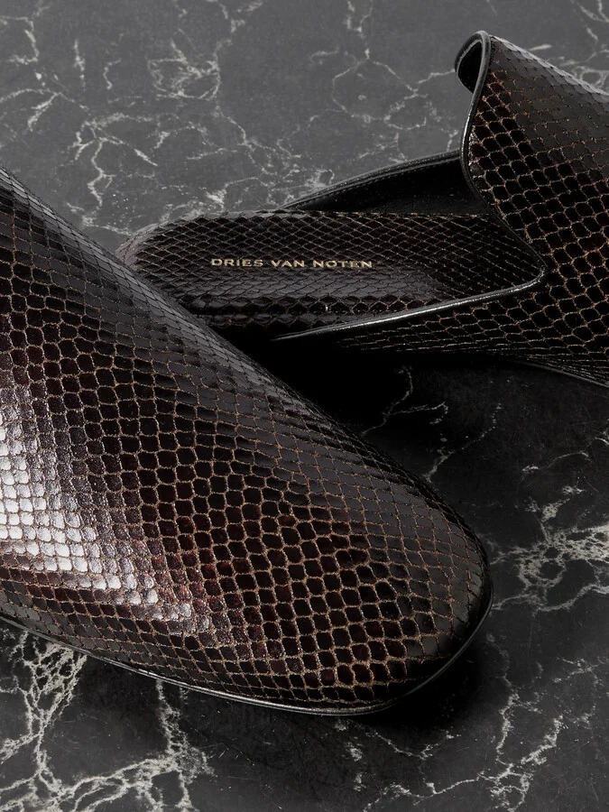 Dries Van Noten - Snake-effect Leather Mules - Brown - Image 4