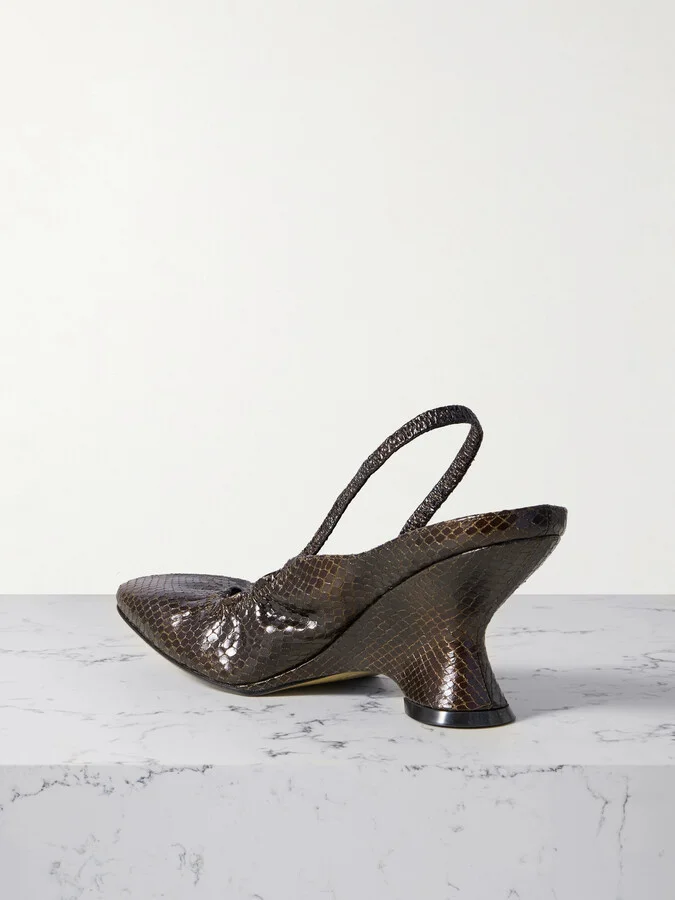 Dries Van Noten - Snake-effect Leather Slingback Wedge Pumps - Brown - Image 3
