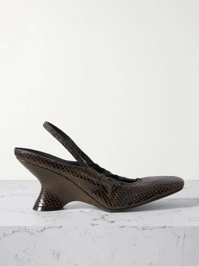Dries Van Noten - Snake-effect Leather Slingback Wedge Pumps - Brown