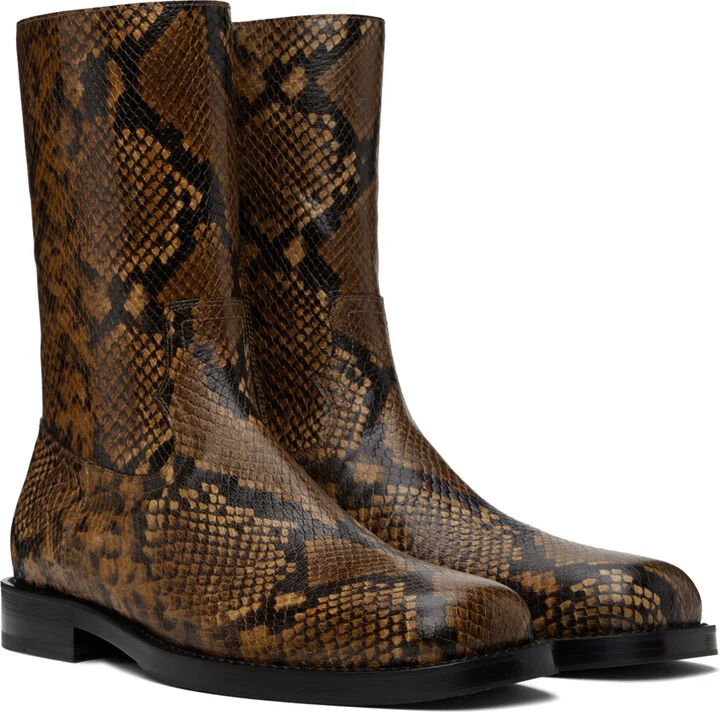 Dries Van Noten Tan Snake-Embossed Leather Boots - Image 4