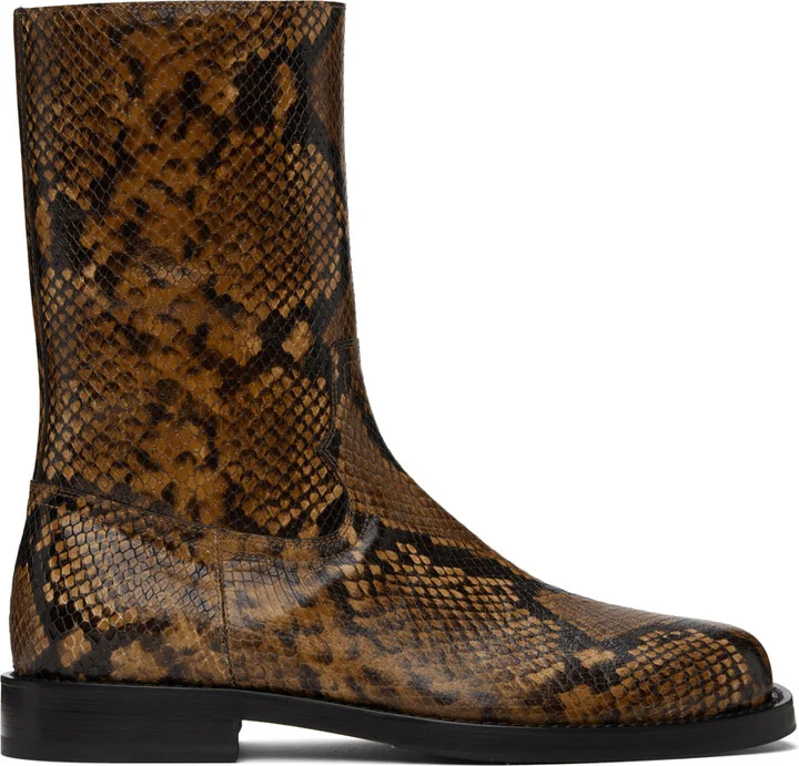 Dries Van Noten Tan Snake-Embossed Leather Boots