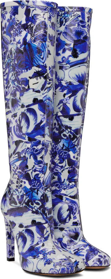 Dries Van Noten White & Blue Structured Tall Boots - Image 4