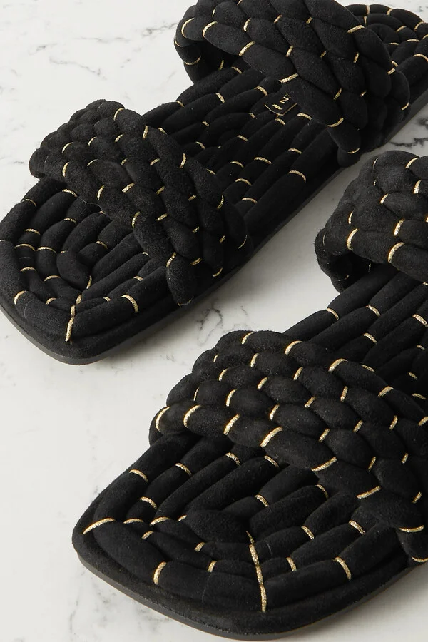 Dries Van Noten - Woven Metallic Suede Slides - Black - Image 4