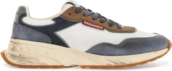DSQUARED2 low top blue denim sneakers in leather with suede inserts and rubber sole
