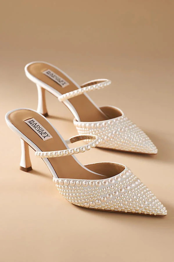 Duchess Pearl-Embellished Satin Mule Heels - Image 2