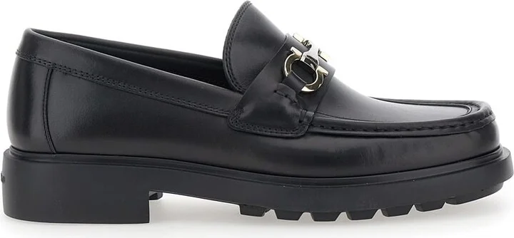 'duglas' Black Loafers With Gancini Plaque On The Front And Embossed Logo On The Rear In Leather Man