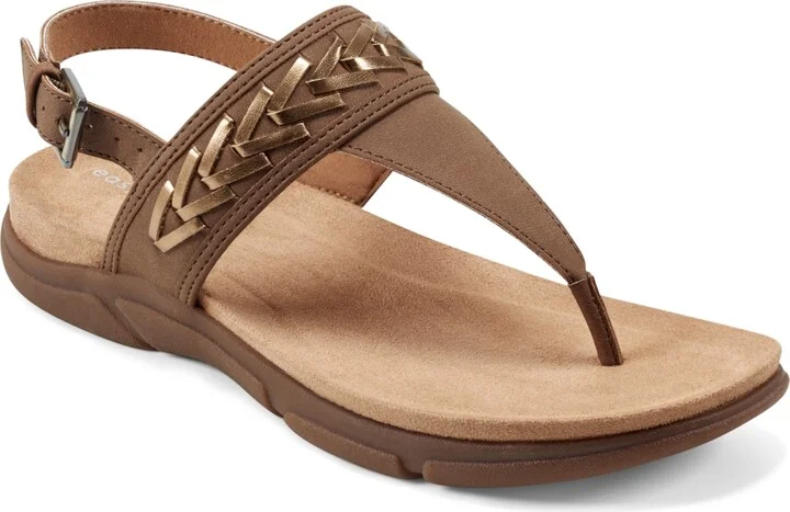 Easy Spirit Women's Monte Woven T-Strap Flat Sandals - Medium Brown/Bronze