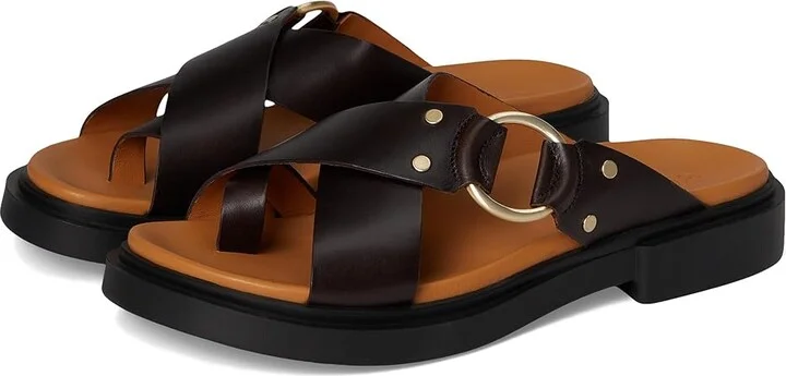 ECCO Seoul Toe Post Ring Ornament Slide Sandals Women's Wedge Shoes Coffee : EU 38 (US Women's 7-7.5) B - Medium, Leather