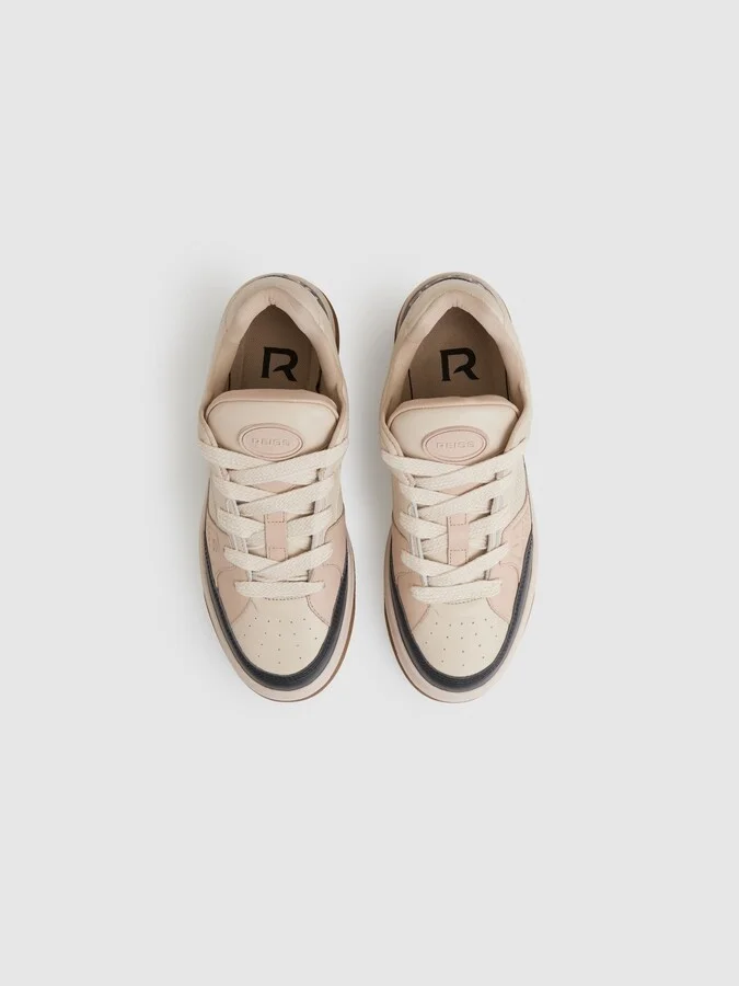 Ecru/charcoal Panelled Leather Trainers - Image 3