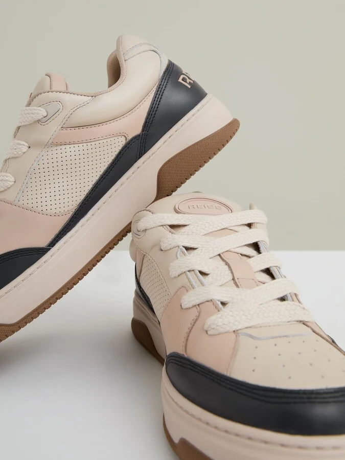 Ecru/charcoal Panelled Leather Trainers - Image 5