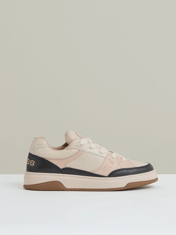 Ecru/charcoal Panelled Leather Trainers