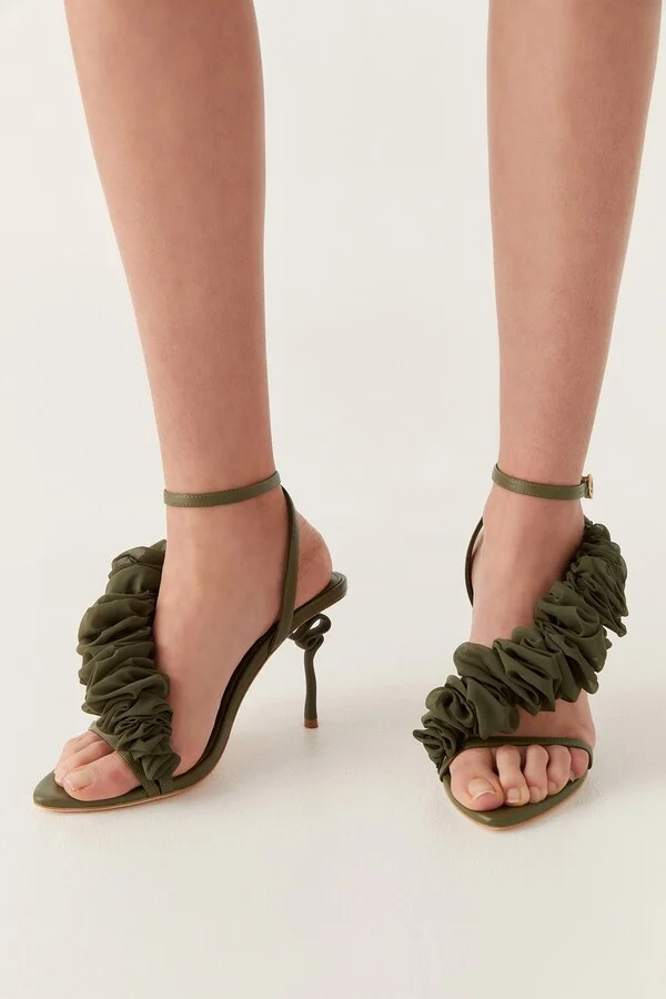 Ela Ruffle Ribbon Heel In Colour Deep Olive Size 36 - Image 3
