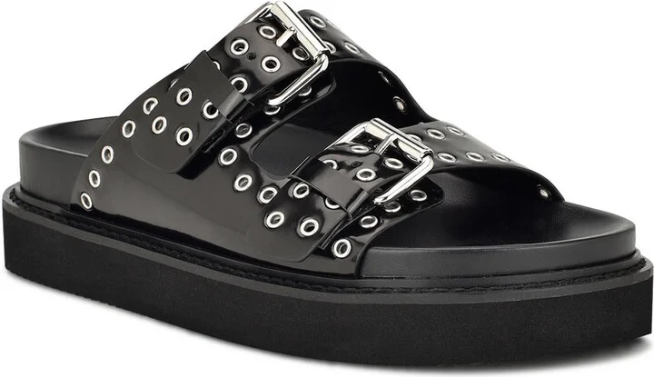 ELENY3 Womens Buckle Faux Leather Slide Sandals