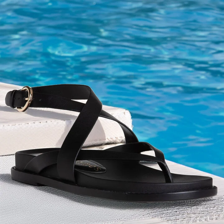 Elise Black Flat Leather Foot Bed Beach Pool Sandal - Image 5