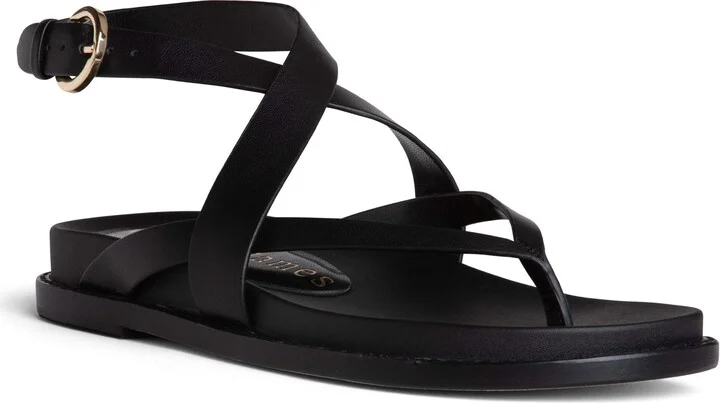 Elise Black Flat Leather Foot Bed Beach Pool Sandal