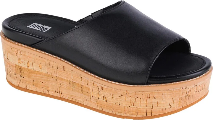 Eloise FT5-001 Slides Sandals Women's Black Leather Cork Wrap Wedge