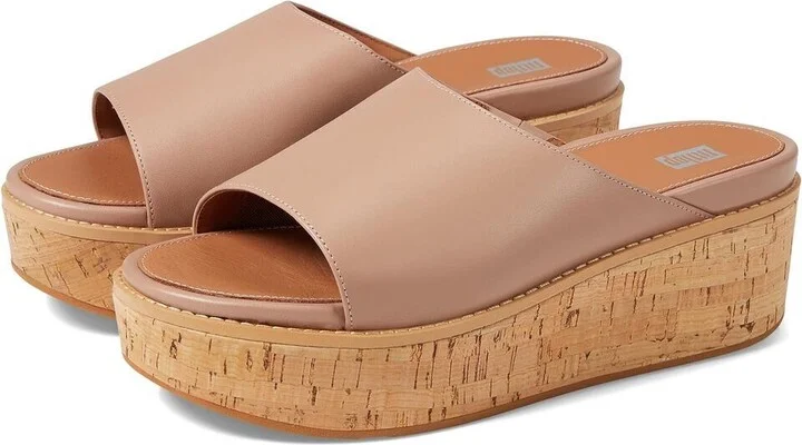 Eloise FT5-137 Slides Sandals Women's Beige Leather Cork Wrap Wedge