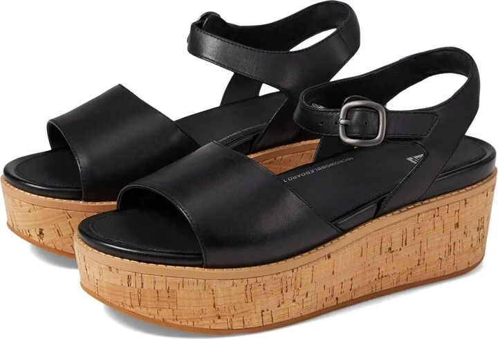Eloise FT6-001 Wedge Sandals Women's Black Leather Cork-Wrap Back-Strap