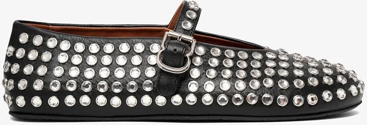 Embellished black leather ballet flats