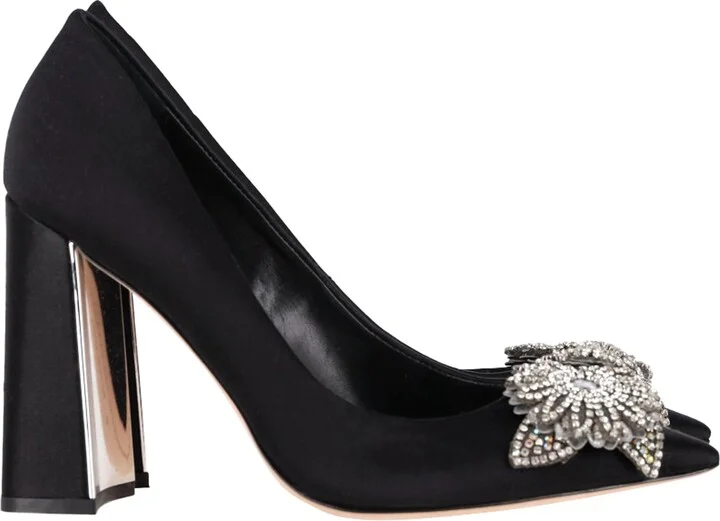 Embellished Block-Heel Pumps in Black Satin