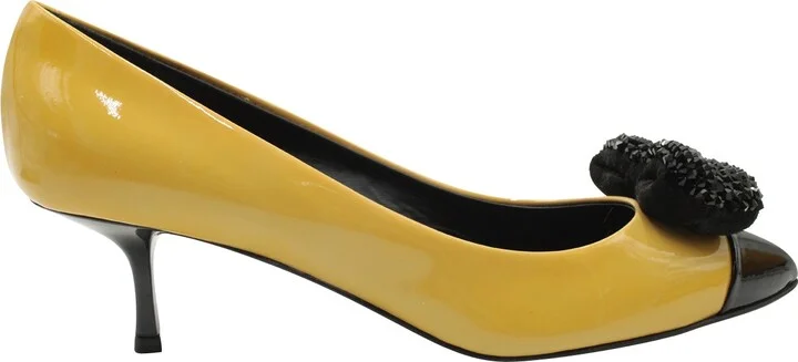 Embellished Bow Pumps in Yellow Patent Leather