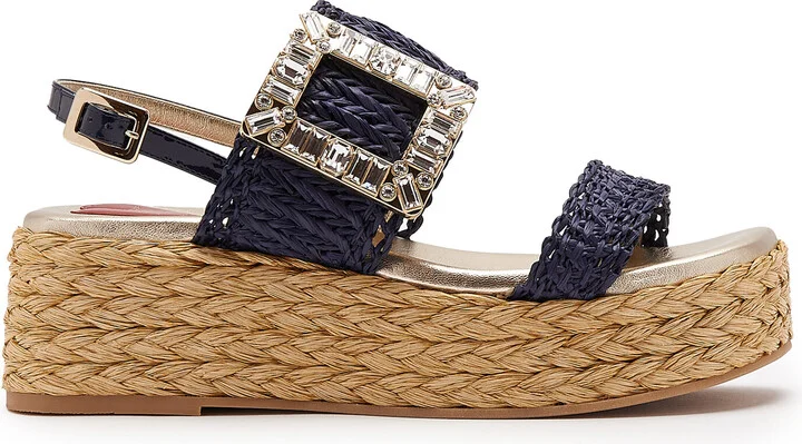 Embellished Buckle Raffia Platform SandalsVivier