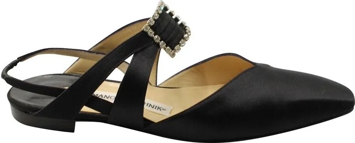 Embellished Buckle Sandals in Black Satin
