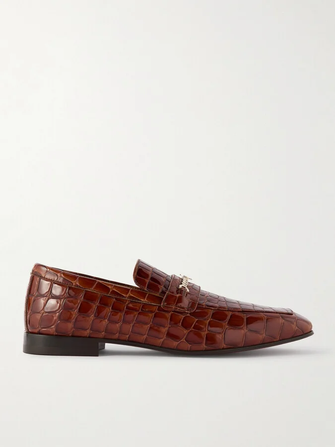 Embellished Croc-Effect Patent-Leather Loafers