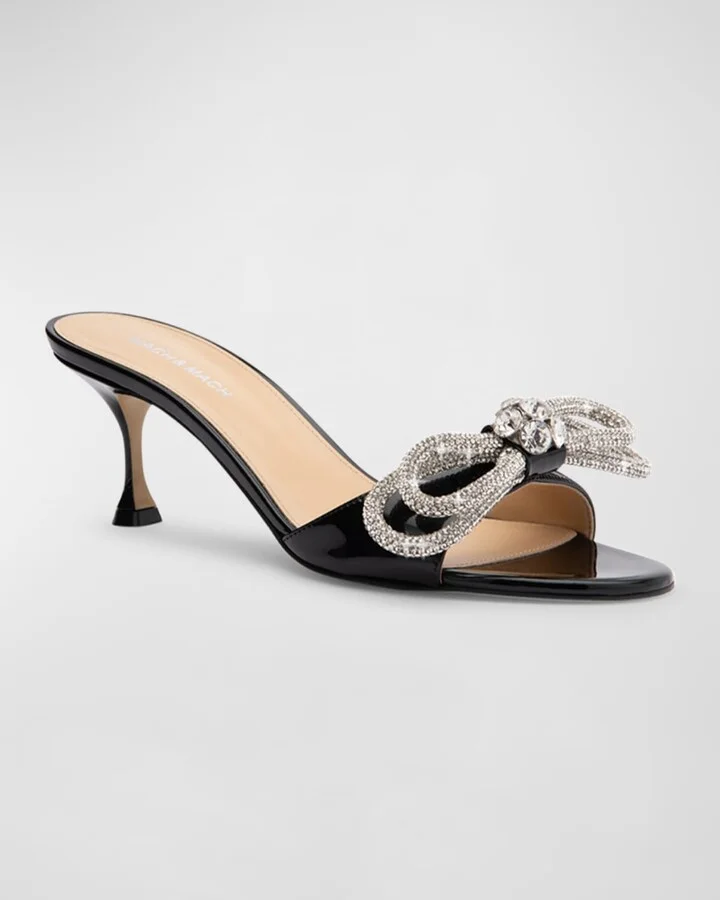 Embellished Double Bow Patent Leather Mule Pumps - Image 4