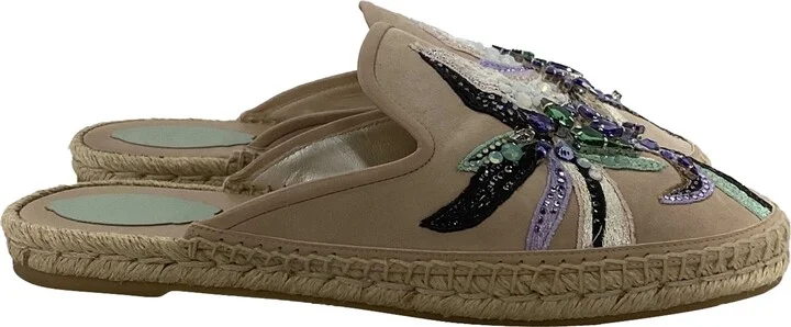 Embellished Espadrille Flat Mules in Brown Suede