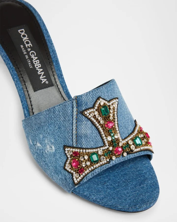 Embellished Half Cross Denim Slide Sandals - Image 8