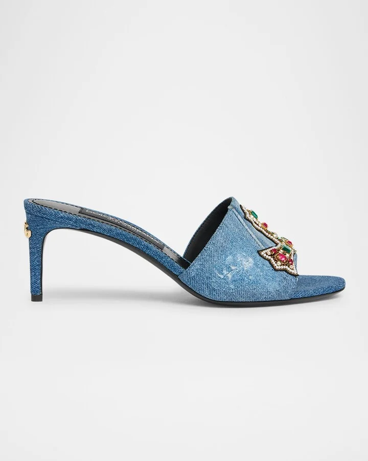 Embellished Half Cross Denim Slide Sandals