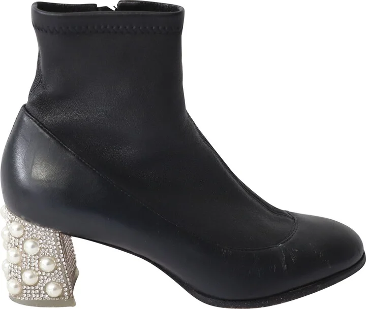 Embellished Heel ankle Boots in Black Leather