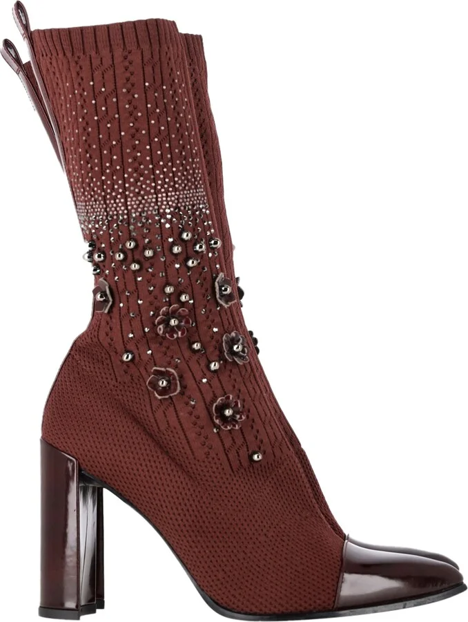 Embellished Knitted Sock Ankle Boots in Brown Wool