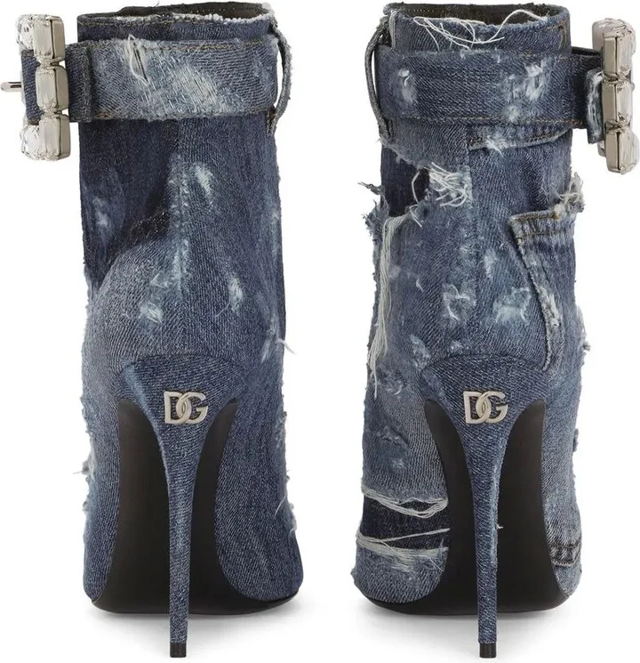 Embellished Patchwork-Denim Ankle Boots - Image 3